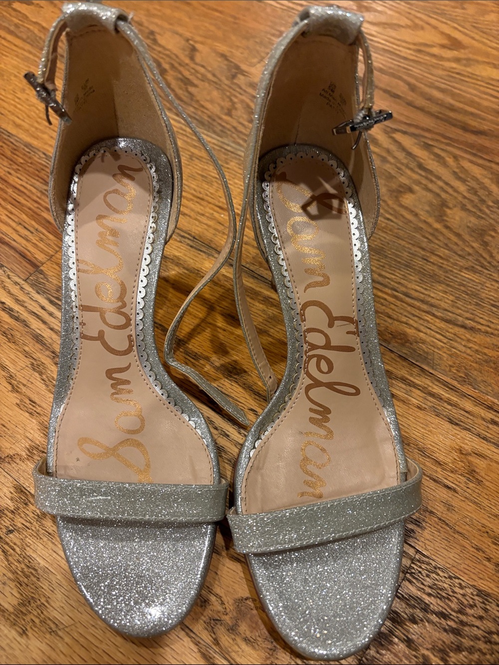Sam Edelman Silver Glitter Ankle Strap Heels